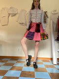 Patchwork Pleated Skirt - Red & Plaid