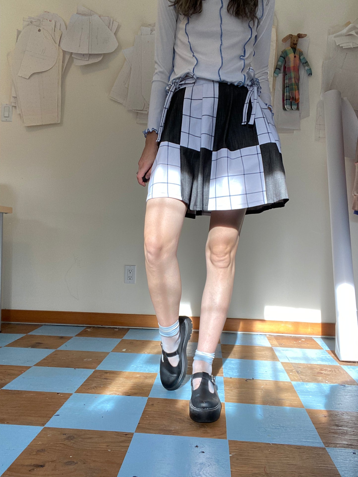 Patchwork Pleated Skirt - Grey & White Plaid