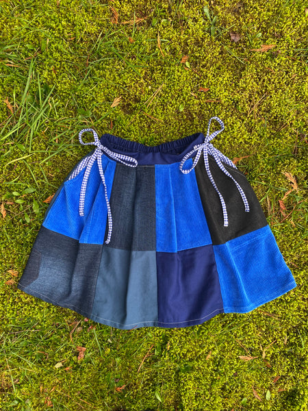 Patchwork Pleated Skirt - Blue Denim & Corduroy